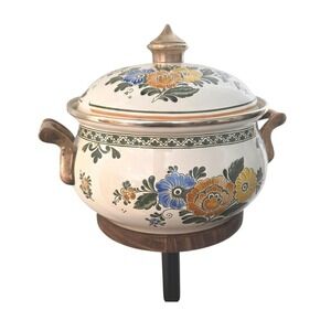 Vintage ASTA Floral Enamelware, Dutch Oven, Lidded Casserole Pot, Small Tureen